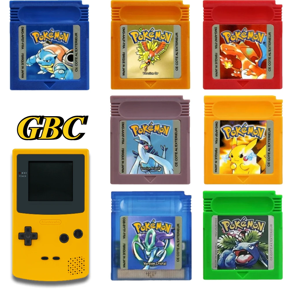 FRA 7 Styles GBC Game Cartridge 16-Bit Video Game Console Card Pokemon Series Red Yellow Blue Crystal Gold Silver French