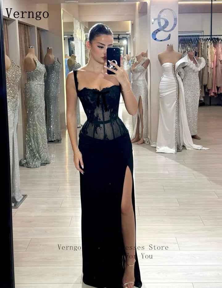 Verngo Abito da sera elegante in chiffon nero con spalline sottili Abito da festa con spacco laterale a sirena Abito da ballo sexy Arabia personalizzato