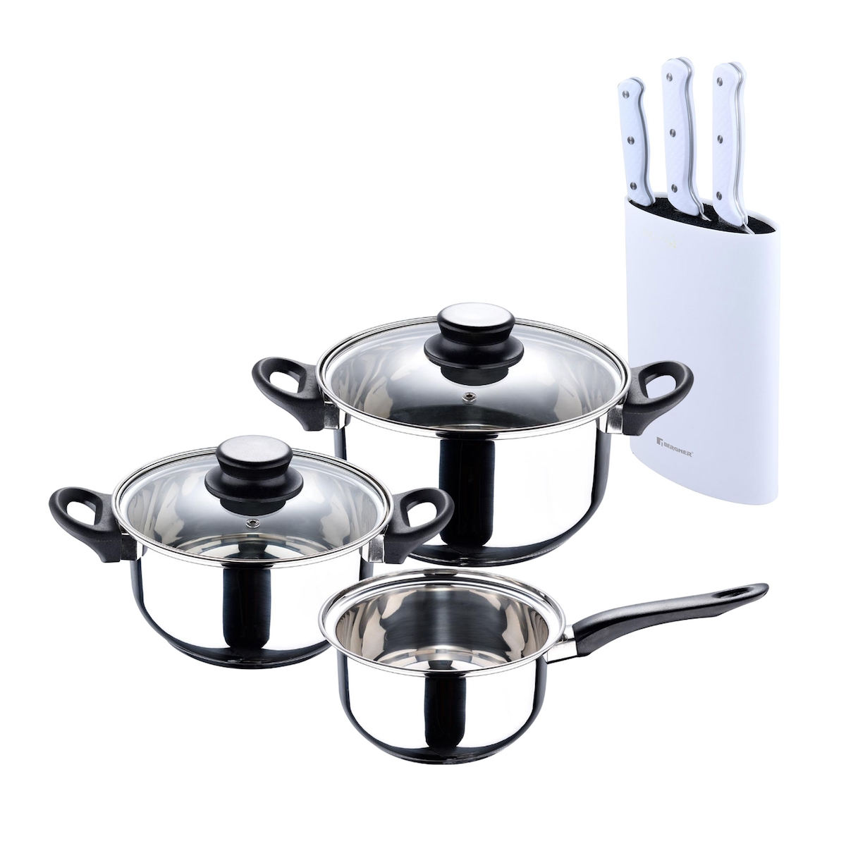 BERGNER - 5-teiliges Edelstahl-Kochgeschirr-Set, geeignet für Induktionsherde, mit 3 Edelstahl-Messerblöcken Image