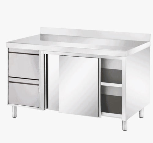 VM Europa Edelstahl Arbeitsschrank mit 2 Schubladen links, mit Zwischenboden - alle Größen montiert: 150 x 70 cm / mit Aufkantung / fertig montiert Image