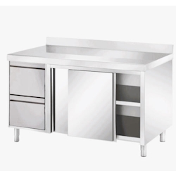 VM Europa Edelstahl Arbeitsschrank mit 2 Schubladen links, mit Zwischenboden - alle Größen montiert: 100 x 60 cm / mit Aufkantung / fertig montiert Image