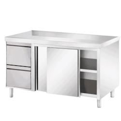 VM Europa Edelstahl Arbeitsschrank mit 2 Schubladen links, mit Zwischenboden - alle Größen montiert: 180 x 70 cm / ohne Aufkantung / fertig montiert Image