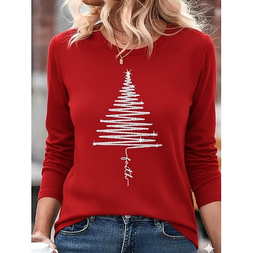 Weihnachts Frauen Weihnachtsbaum T-Shirt Grafisch Vintage Mode Stylisch Langarm Rundhals Reguläre Oberteile Alltag Wochenende Print Schwarz Herbst Winter Image