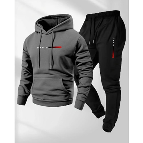 Herren 2-teiliger Trainingsanzug Sport-Jogginghose Kapuzenpullover mit Tasche Einfarbig Kombination Herbst Winter Dunkelgrau Marineblau Fitnessstudio Wandern Training Leicht Atmungsaktiv Langarm Sport Image