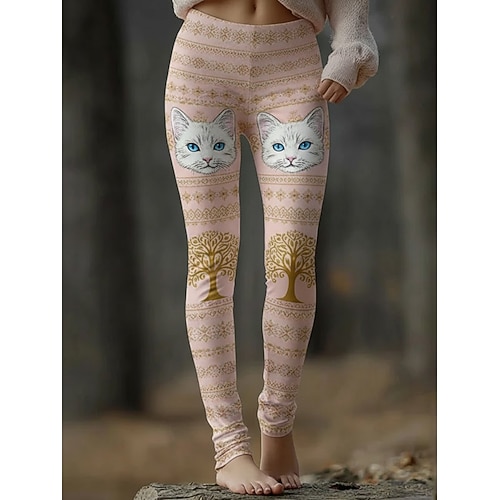 Damen Leggings Gemütliche Leggings Urlaub Vintage Basic Volle Länge Hohe Taille Grafik Katze Drucken Bequem Hohe Elastizität Lässig Täglich Urlaub Gelb Rosa Frühling Herbst Schmale Passform Image
