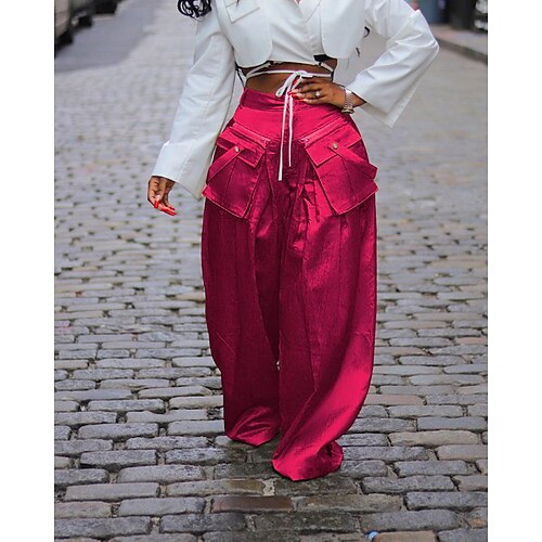 Damen Satinhosen Weites Bein Chinos Hosen Hose Urlaub Vintage Ethno-Stil Volle Länge Mittlere Taillenlinie Einfach Tasche Elastischer Bund Bequem Unelastisch Täglich Outdoor Urlaub Schwarz Fuchsie Image
