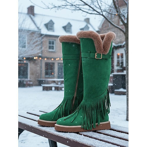 Grüne Damen-Schneestiefel aus Kunstwildleder mit Fransen und Fellfutter – stylische kniehohe Winterstiefel für kaltes Wetter, Schnee und Outdoor-Abenteuer Image