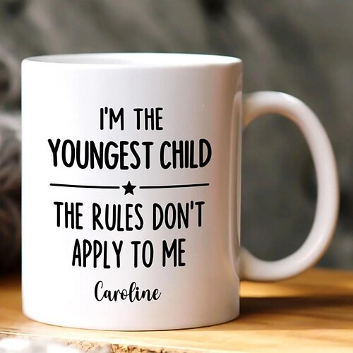 Personalisierte Geschenktasse für Kinder, individueller Name, Keramik-Kaffeebecher, „Wer macht die Regeln?", 325 ml, weiß, Geburtstag, Weihnachten, Familienhumor Image