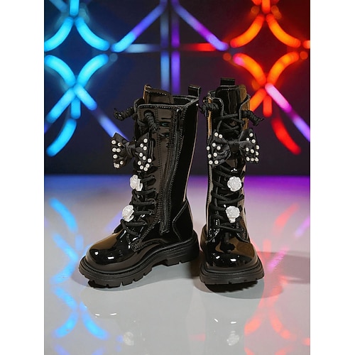 Kinderschuhe im Stil koreanischer Popstars – Lackstiefel mit Perlen und Schleifen, perfekt für besondere Anlässe, Bühnenauftritte und modische Outfits Image