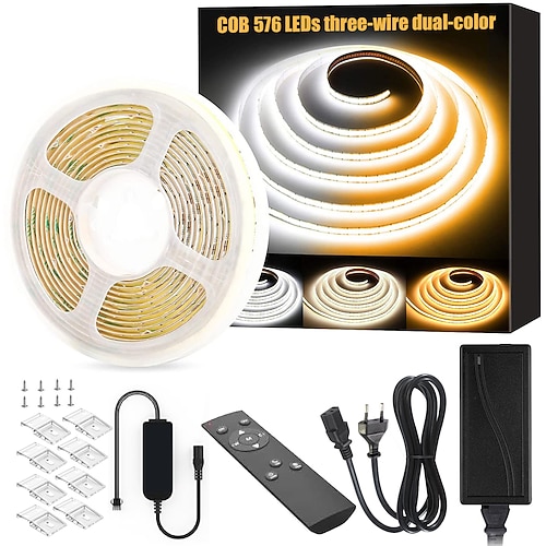 FCOB COB LED-Streifen, flexibel, hohe Dichte, 5 m (16,4 ft), 640 LEDs/m, einstellbare Farbtemperatur 3000K-6000K, Farbwiedergabeindex CRI 90, dimmbar, für Schlafzimmer, Küche, Innendekoration, DC 24V Image