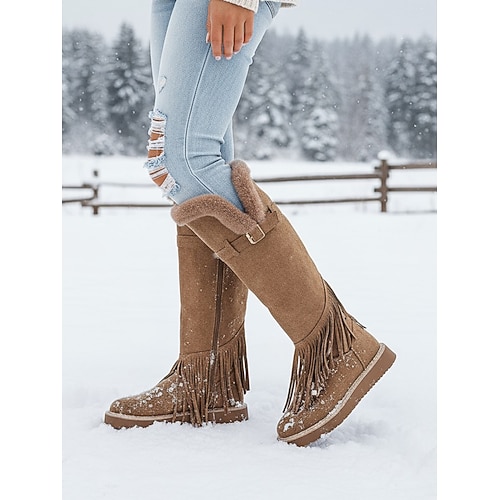 Grüne Damen-Schneestiefel aus Kunstwildleder mit Fransen und Fellfutter – stylische kniehohe Winterstiefel für kaltes Wetter, Schnee und Outdoor-Abenteuer Image