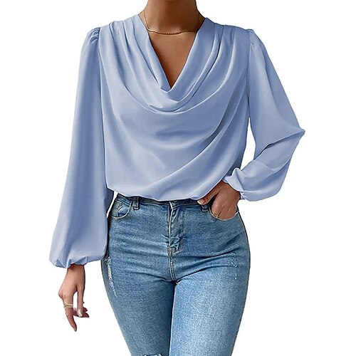 Damen Hemd Elegant Satin-Top Bluse Gerafft Patchwork Drapiert Einfarbig Einfach Elegant Vintage Täglich Langarm Laternenärmel Asymmetrisch Normale Oberteile Täglich Arbeit Ferien Blau Schwarz Wei Image