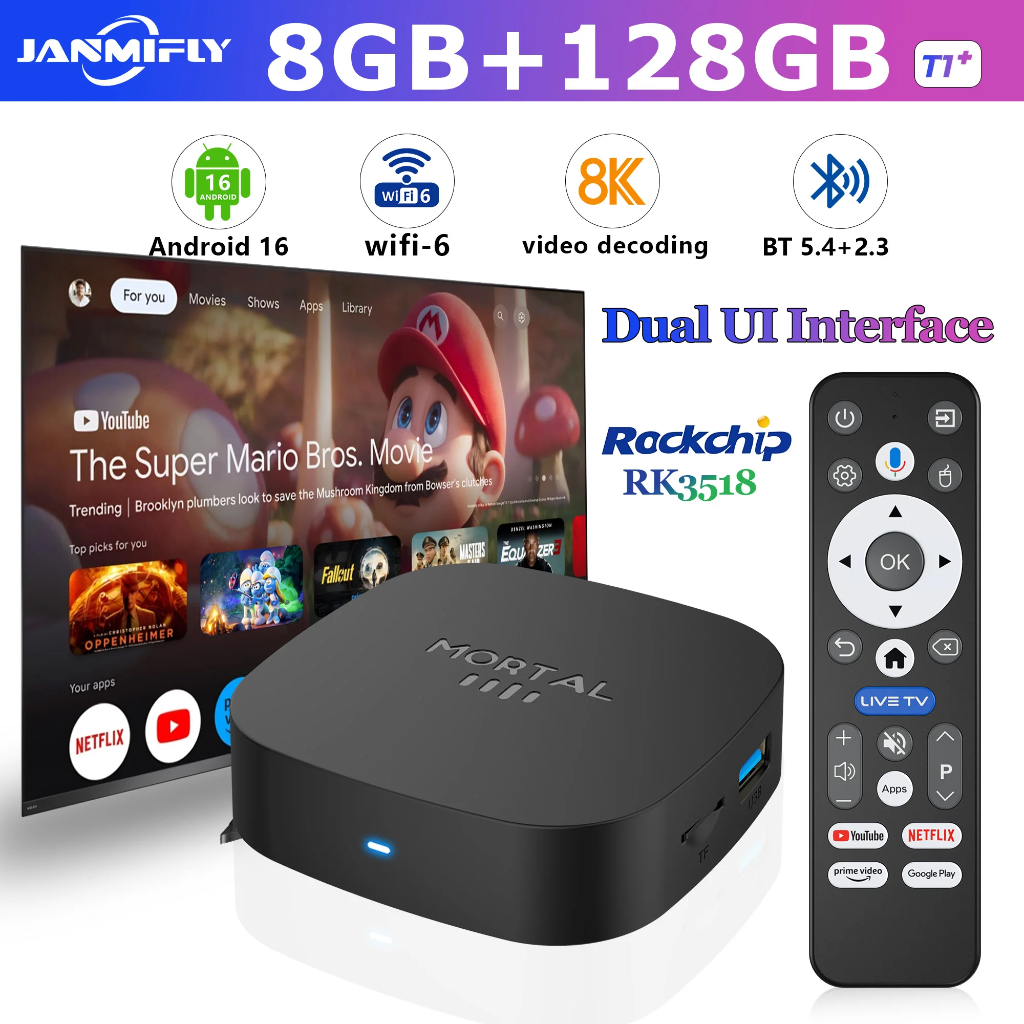 2025 Nuovo Android TV Box T1 + Rockchip RK3518 Android 16 8GB RAM 128GB ROM WiFi 6 BT 5.4 Dual UI 8K Ultra HD Smart Media Player