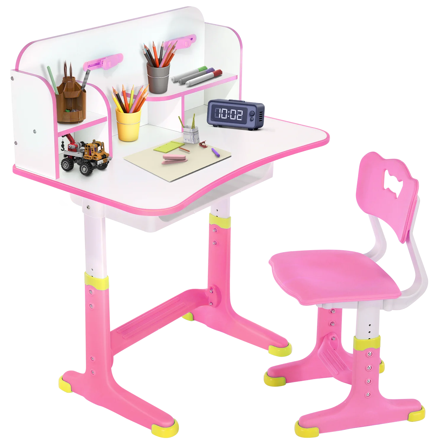 Kinder Study Desk-Chair Set, adjustable height Kinder-Study Desk with Bücherregal Kinder Studien Furniture Set Rosa