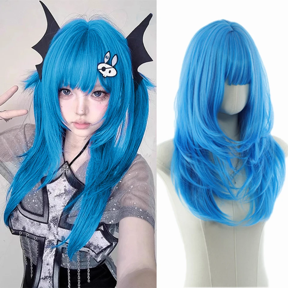 Synthetische gerade Perücken, 61 cm lang, hitzebeständig, blaue Perücke für Frauen, Halloween und Weihnachten, Neujahr, Karneval, Musikfestival Image