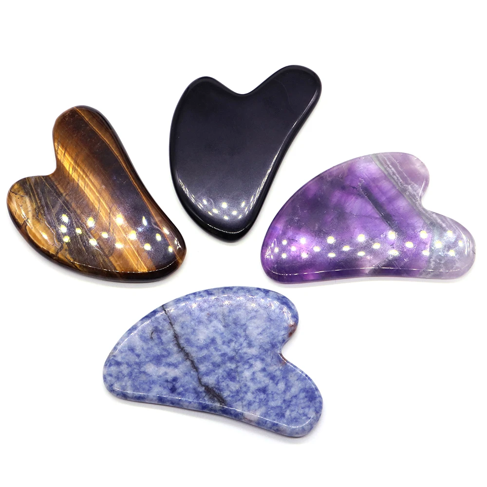 Naturstein Gouache Schaber Kristall Reiki Heilung Amethyst Rosenquarz Gua Sha Werkzeug Massage gerät für Facelift ing Falten entferner Image