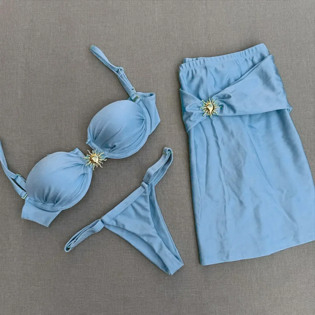 3-teiliges Bikini-Set, Push-Up-Bikini, 2025, sexy Damen-Badeanzug, glänzender Rock, weibliche Bademode, Brasilien, Badeanzug, Strandmode, Vertuschungen Image