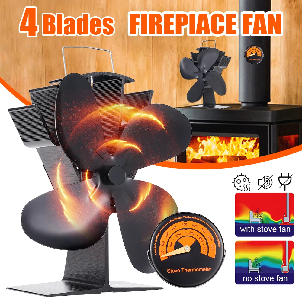 6-Blatt-Kaminventilator und Thermometer. Wärmebetriebene ökologische, effiziente Wärmeverteilung. Umweltfreundlich für den Haushalt im Freien Image