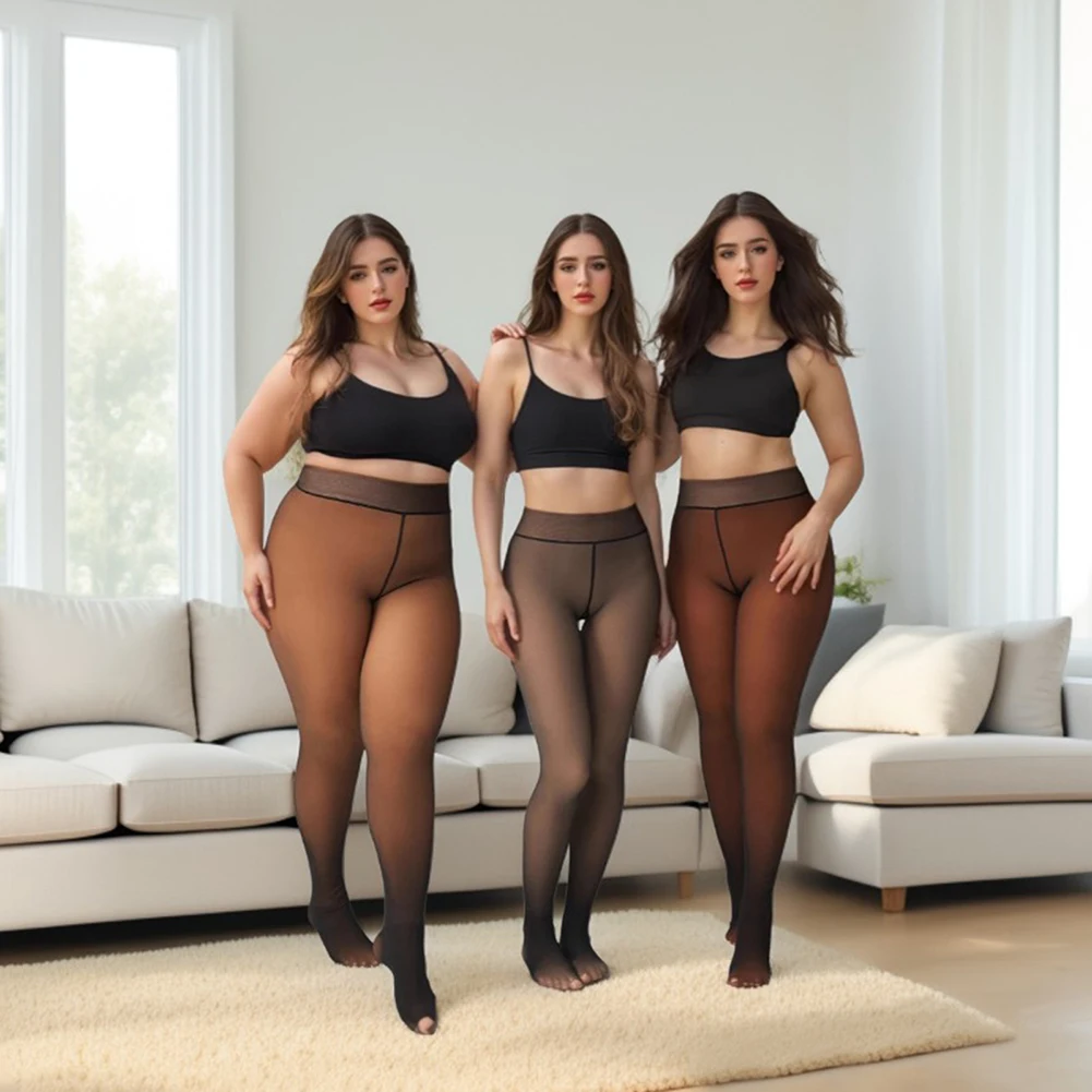 Warme Hose für Damen, mit Fleece gefüttert, Thermo-Strumpfhose, einzeilige Nähte, vorne und hinten, halbtransparent, dicke Leggings, geschlossenes Fußdesign Image