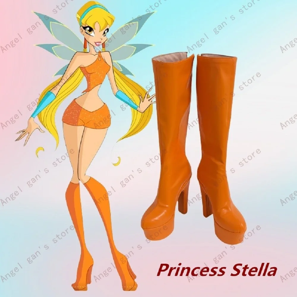 Winxclub Prinzessin Stella Cosplay Kostüm Schuhe Orange handgemachte Kunstleder Stiefel für Weihnachten Halloween Party
