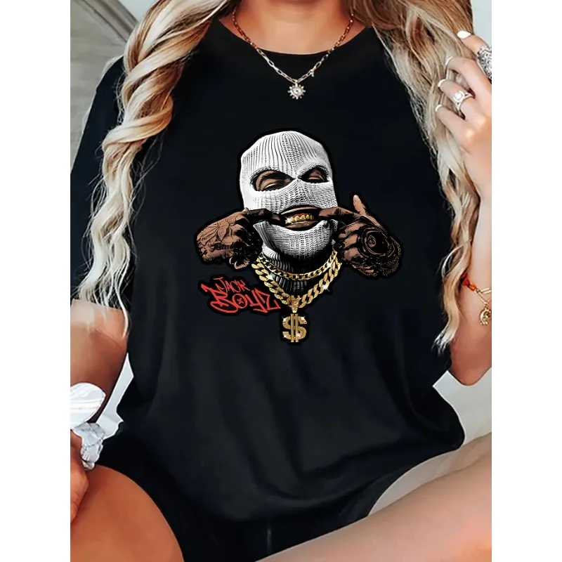 Damen-T-Shirt im Hip-Hop-Stil, bedruckt, weiß, lässig, Baumwolle, modisch, Übergröße, kurzärmelig, Rundhalsausschnitt, lockeres, trendiges Damen-Top