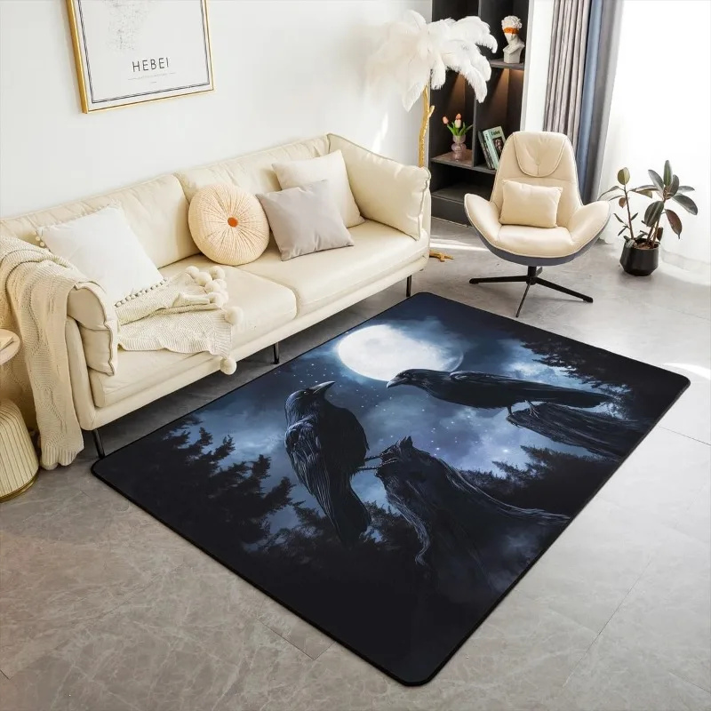 Teppich mit Vogeldruck, Mondlicht, Rabe, Nachtszene, Design, rutschfeste Matte, moderne, geheimnisvolle Heimdekoration, Teppich für Wohnzimmer, Schlafzimmer Image