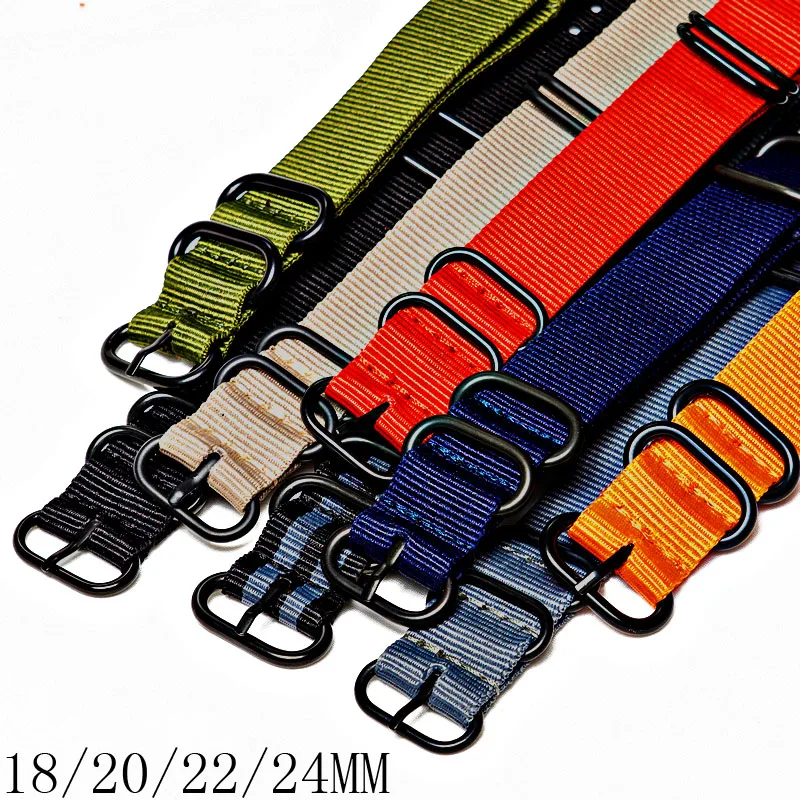 Mehrfarbiges Uhrenarmband aus Nylon mit schwarzer Ringschnalle, 18 mm, 20 mm, 22 mm, 24 mm, gestreift, wasserdicht, Ersatz-Uhrenzubehör für Männer und Frauen Image