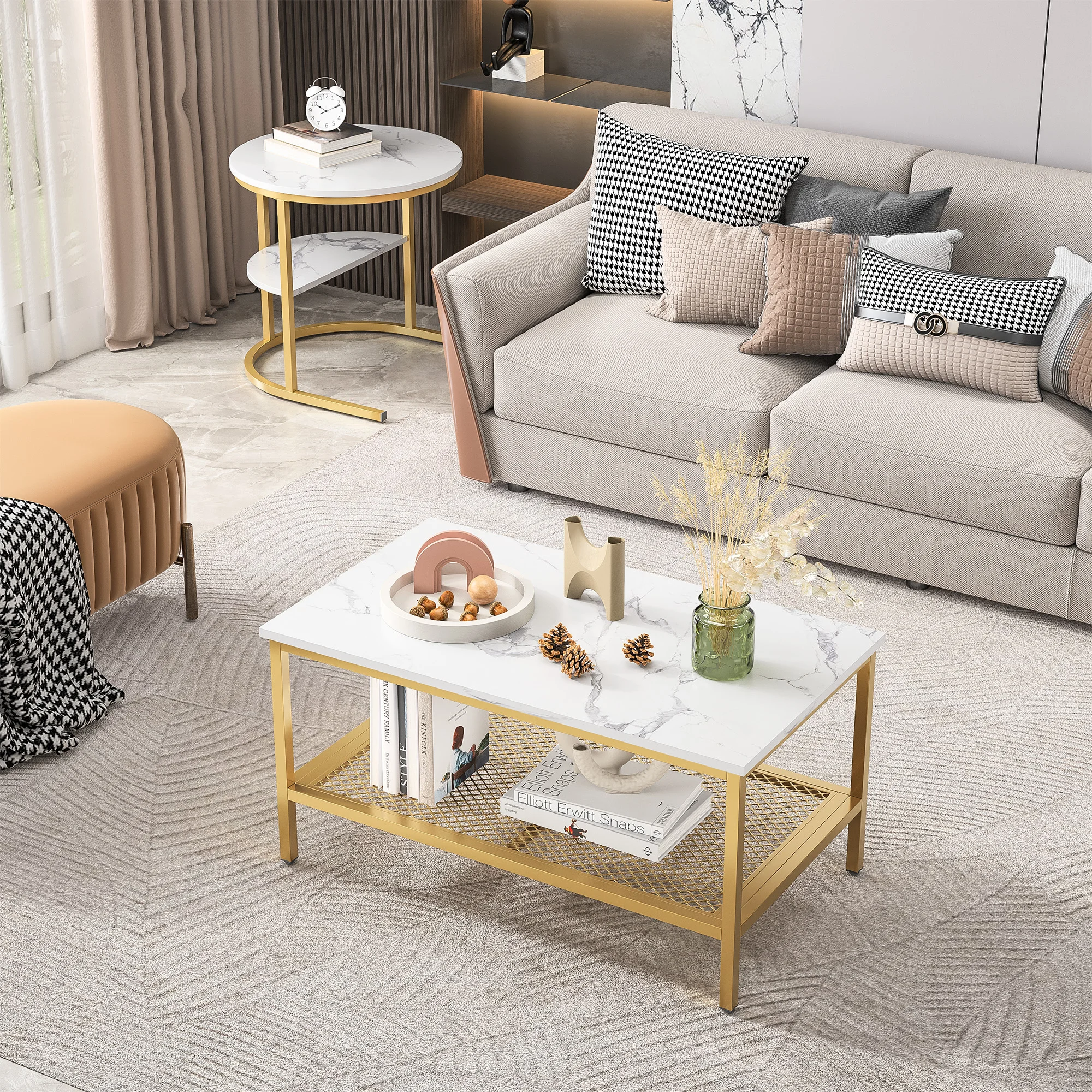 Rosahqnda 2er-Set Couchtische, Wohnzimmer-Beistelltische, Marmor-Look + Metallrahmen, Wohnzimmer-Sofatisch, moderner Couchtisch