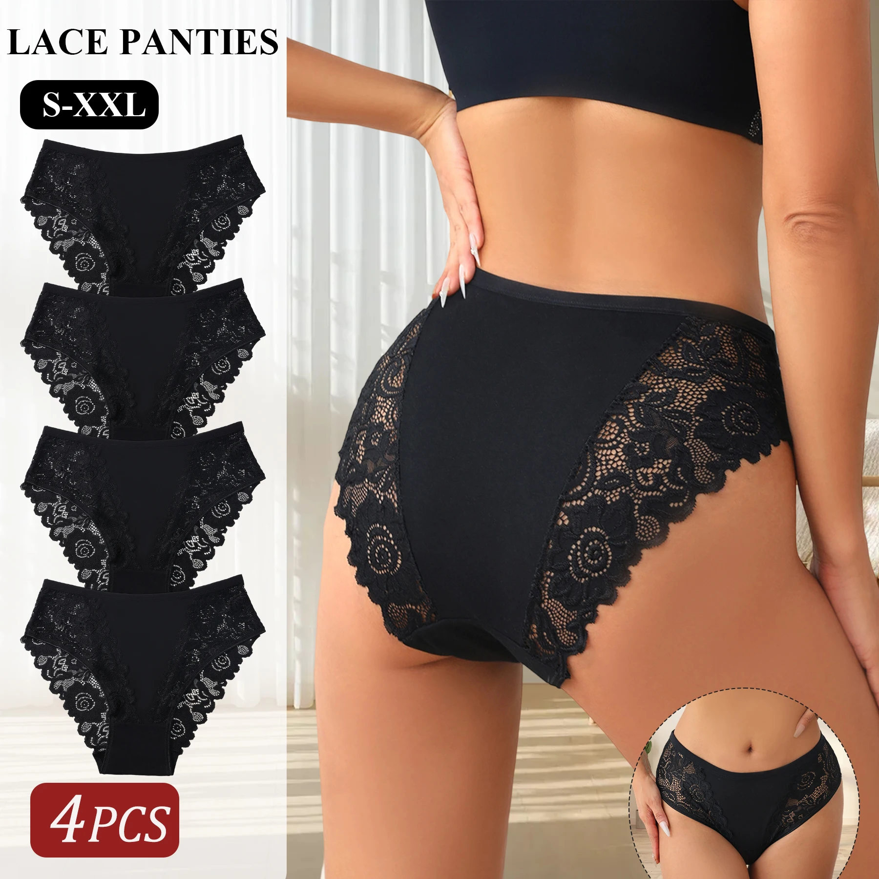 4PCS Schwarze Spitze Sexy Damenunterwäsche Elegante Spitze Floral Baumwolle Spleißen Höschen Komfort Atmungsaktive Slips Dessous Alltag Image