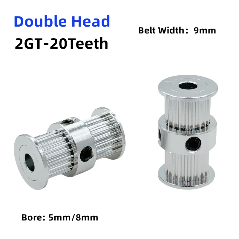 1PCS GT2 2GT 20 Zähne Doppel Kopf Aluminium Zahnriemenscheibe Bohrung 5mm 8mm Breite 9mm Einteiliges Synchronrad für 3D Drucker Image