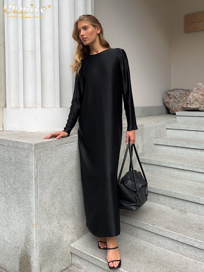 Clacive lässig schwarz Satin Damen kleid Mode O-Ausschnitt Langarm knöchel lange Kleider elegante klassische solide weibliche Kleid