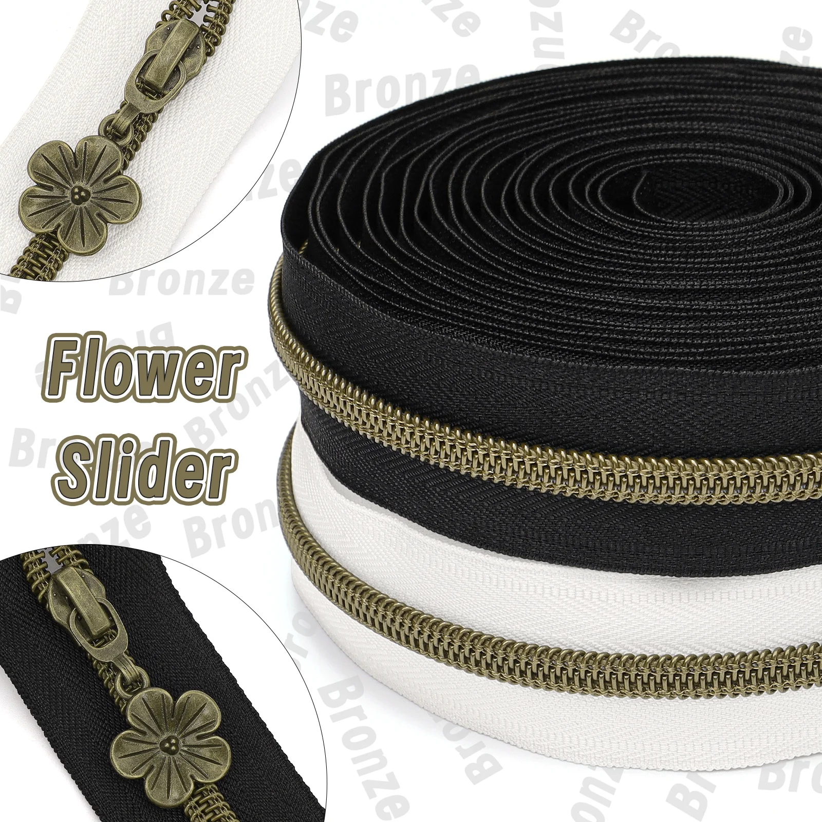 1 Satz (450 cm Reißverschluss + 10 Reißverschlussköpfe), 5 # alter Kupferzahn-Nylon-Reißverschluss, Bronze-Pflaumenblüten-Reißverschlussblatt Image