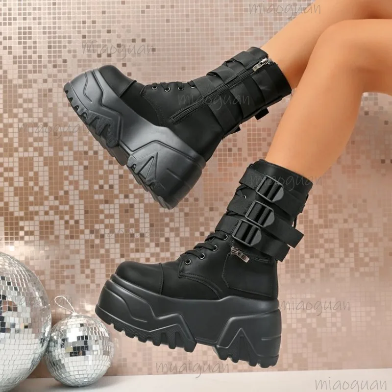 Punk Stil Dicken Boden frauen Schwarz Kurze Stiefel Seite Zip Schnalle Riemen Plattform Schuhe für Frauen Zapatos De Mujer Größe 35-42