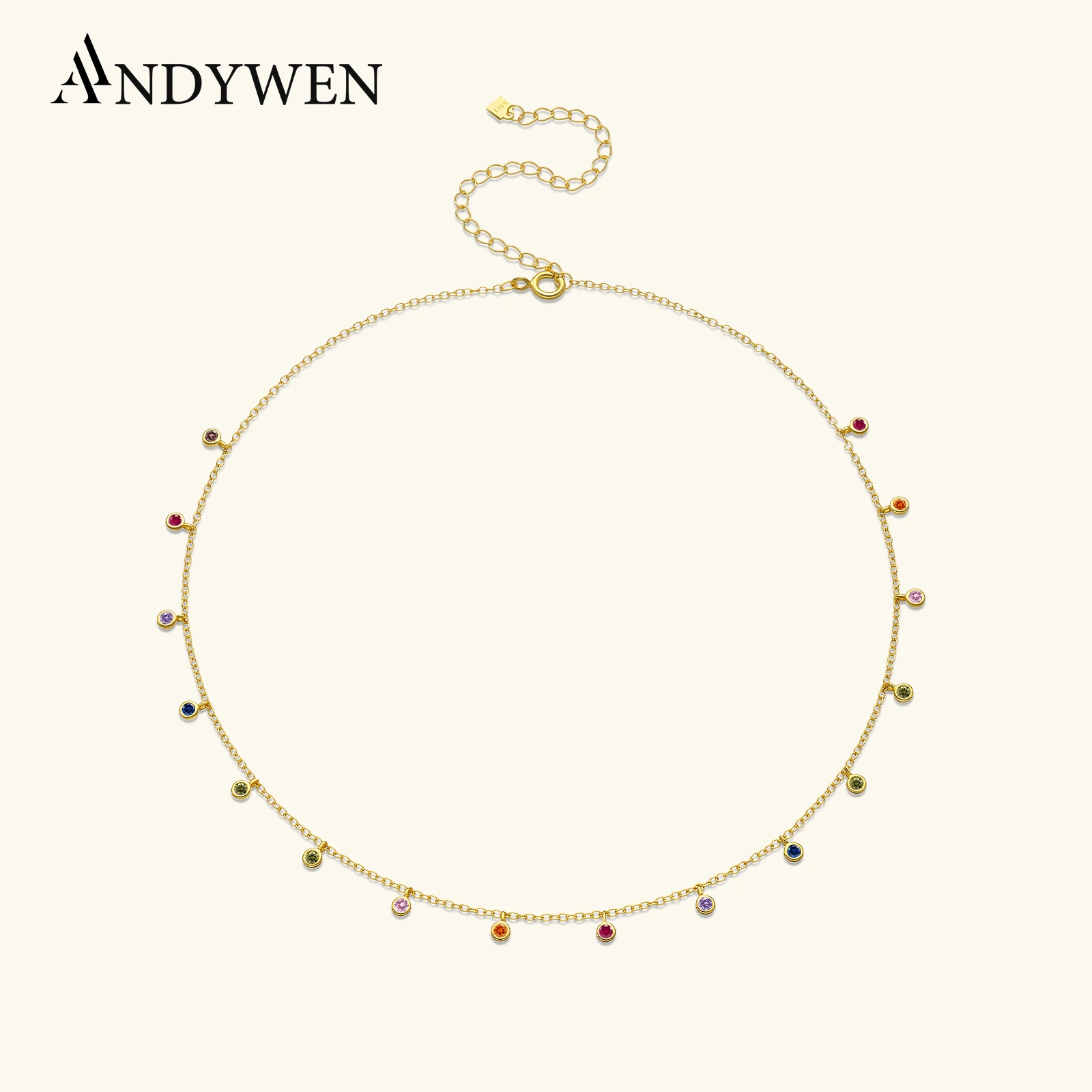 ANDYWEN 925 Sterling Silber Gold Regenbogen Zirkon Charme Halsband Kette Halskette Rock Punk Party Neue Perlen Anhänger 2021 Edlen Schmuck