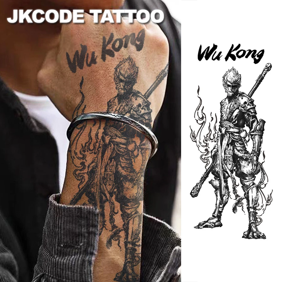 Monkey King Kräutertattoo mit englischer Phrase „Wu Kong“ Graffiti-Tattoo – Eastern Divine Monkey – Reise in den Westen, Sun Wukong-Design – Alltags-Positiv-Tattoo-Design, Rock-Stil, Image