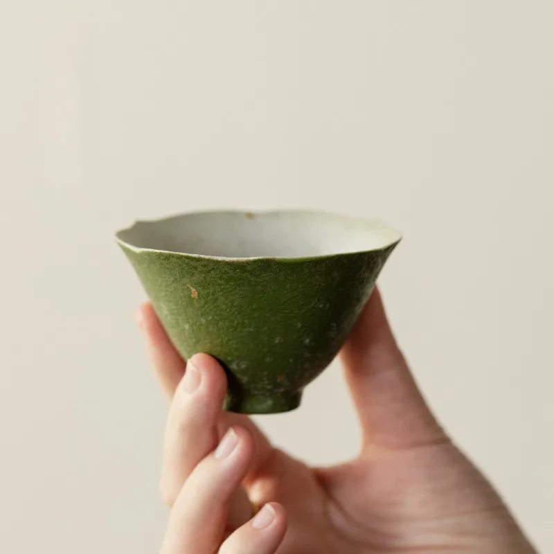 Retro kleine grüne orange Keramik Teetasse Kung Fu Teeset Teetasse Blumenmund Teetasse Einzeltasse Hut Tasse Weihrauch Tasse Image