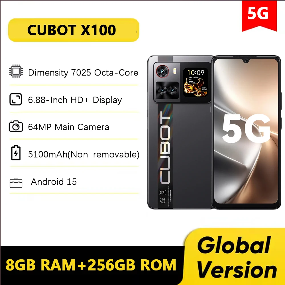 CUBOT X100 5G Smartphone Android 15 Abmessungen 7025 2,5 GHz 6,88 Zoll 8 GB 256 GB Mobiltelefon 5100 mAh Akku 64 MP Cellphopne NFC Image