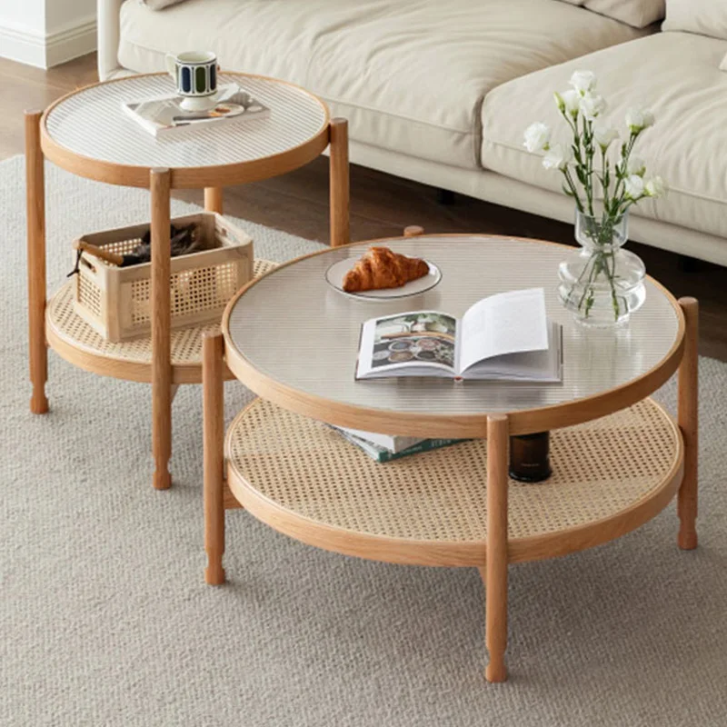 Rustikaler runder Couchtisch mit Stauraum aus Glas und Rattan, moderner Mitteltisch mit Massivholzrahmen, Wohnzimmer-Beistelltische