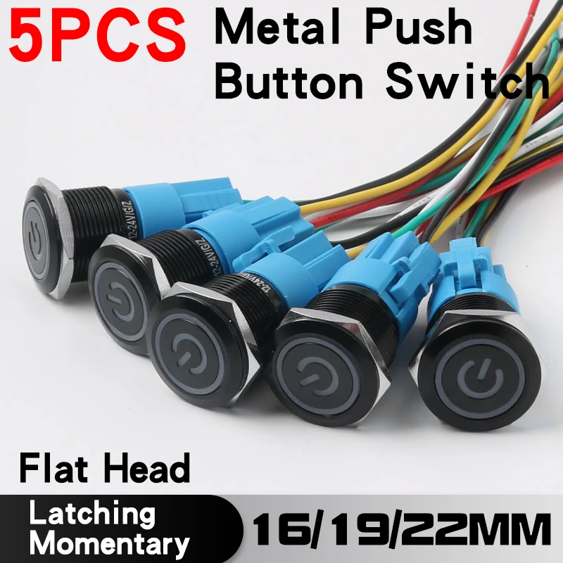 5 pz 16/19/22mm interruttore a pulsante in metallo guscio nero testa piatta impermeabile LED Reset momentaneo interruttore a pulsante a scatto 12V 24V 220V