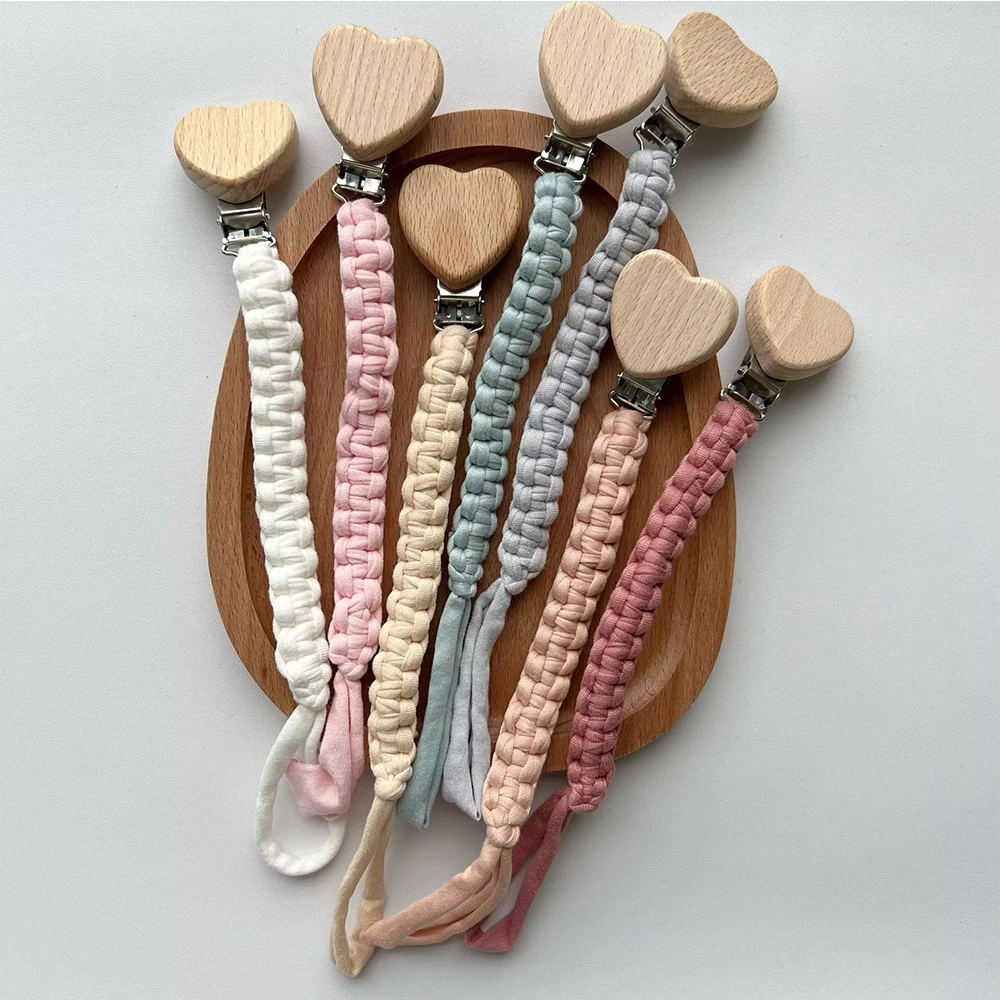 Baby Schnuller Clip Handarbeit Gewebt Elastische Seil Schnuller Clip Herz Buche Clip Neugeborenen Schnuller Zahnen Kleber Anti-drop Kette Image