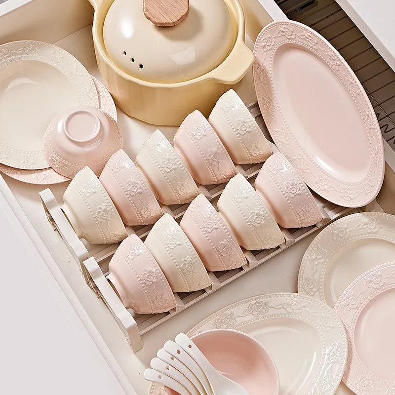 Farbe 2025, neues Relief, französischer Creme-Stil, hochwertige Haushalts-Reisschüssel, Gemüseteller, Schüssel, Essstäbchen, Kombinationsschüssel Image