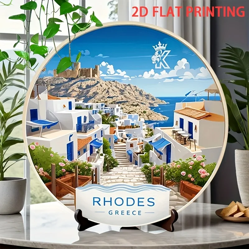 2D flach, 2D flach 1 Stück rustikales Vintage rundes Blechschild 20,32 x 20,32 cm – malerische Rhodes Griechenland Sommerurlaub inspiriertes Dekor – w