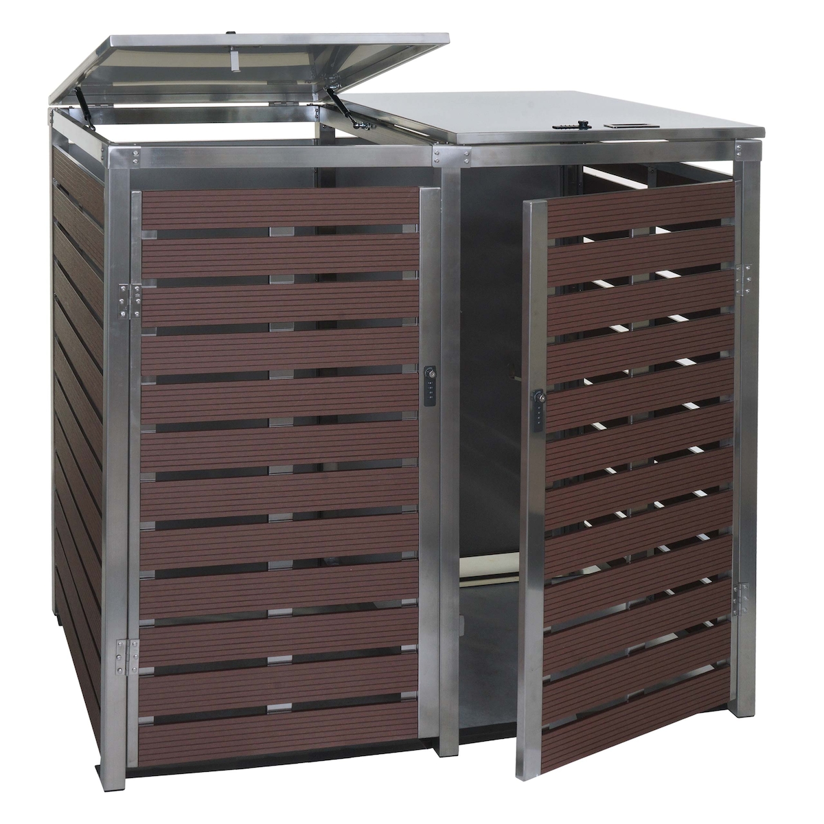 PROREGAL XL 2er/4er Mülltonnenverkleidung | HxBxT 117x144x102 cm | Walnuss-Holzoptik | Mülltonnenbox Mülltonnenabdeckung WPC Edelstahl 88kg Image