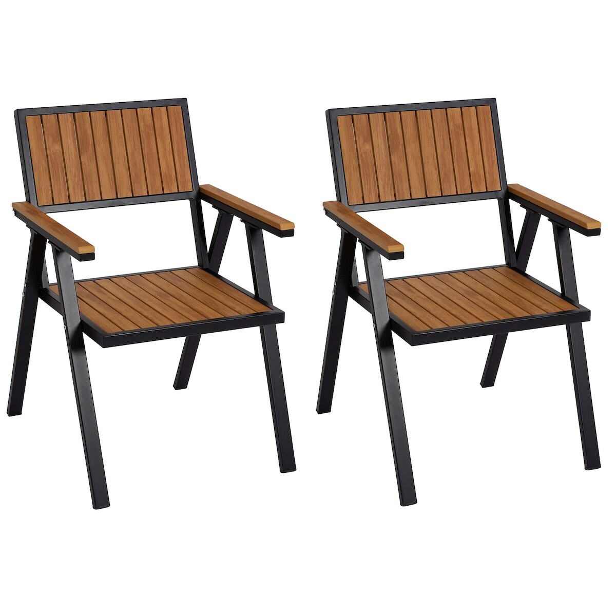 PROREGAL 2er-Set Gartenstuhl | HxBxT 87x57x53 cm | Sitzhöhe 43cm | Outdoor-Beschichtung | Aluminium Holzoptik | Gestell Schwarz | Teak | Balkonstuhl Image