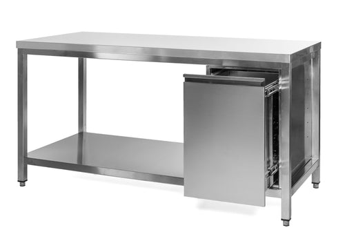 VM Europa Edelstahl Arbeitstisch mit Grundboden, Abfallbehälter rechts, Premium - alle Größen montiert: 140 x 60 cm / ohne Aufkantung / fertig montiert Image