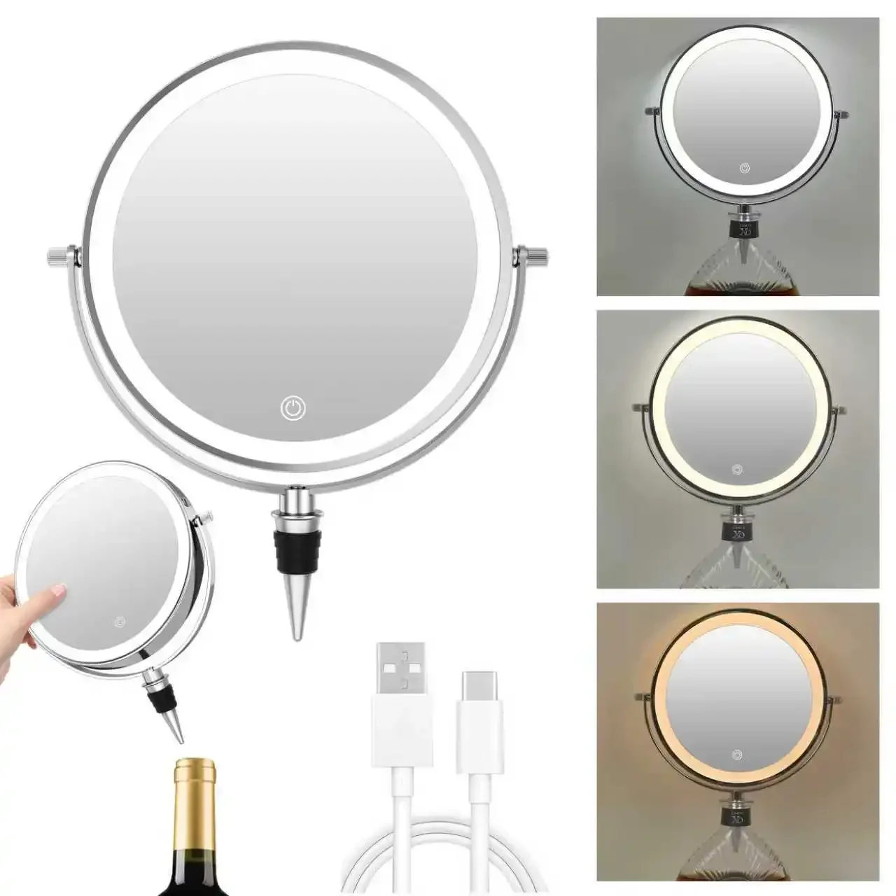 Chrom-Spiegel für Weinflaschen 360° ° Rotierender Make-up-Spiegel mit 10-facher Vergrößerung, verstellbare, dimmbare Kosmetikspiegel mit Licht
