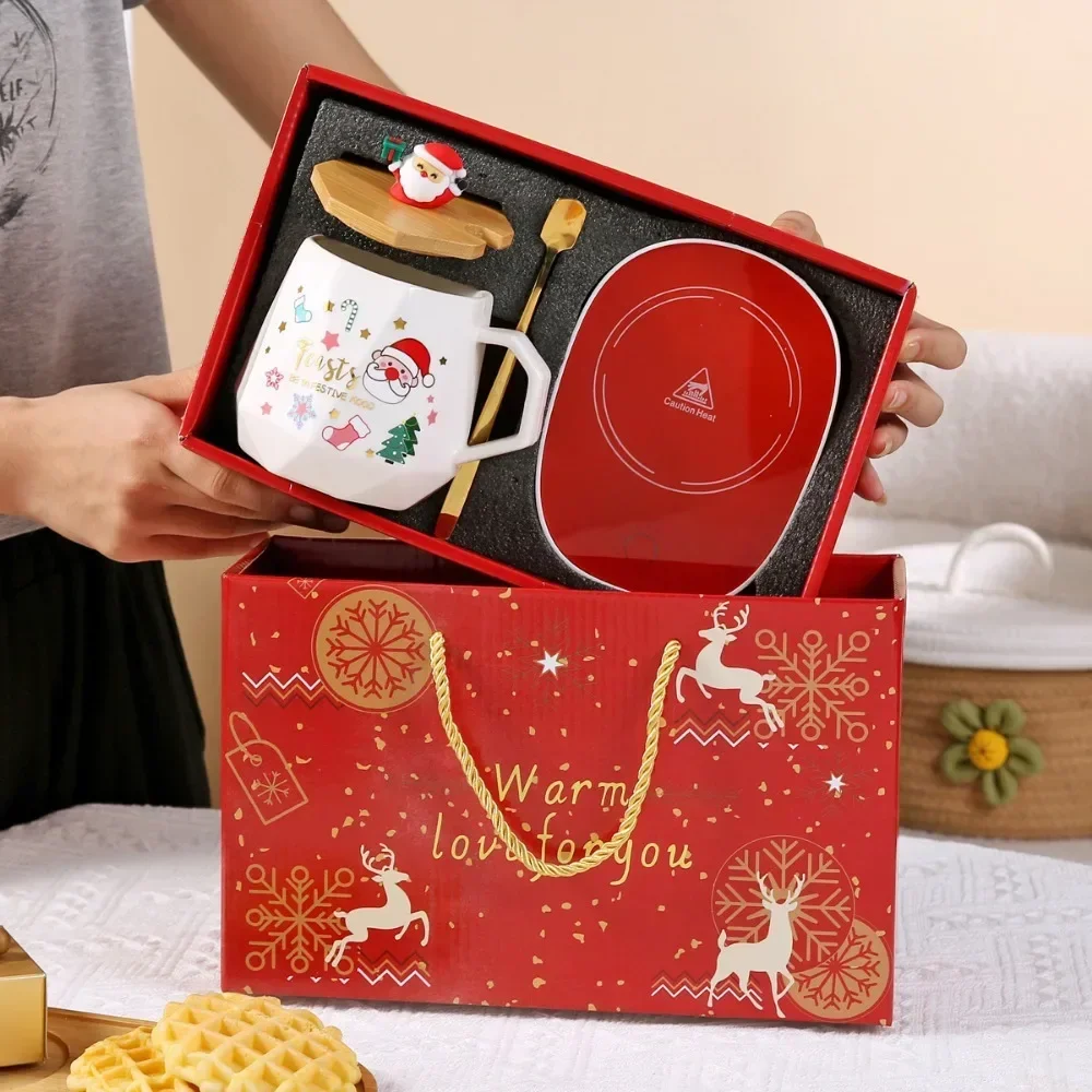 Warm 55 ℃ Keramikbecher mit Deckel, Löffel-Set, Becher-Geschenkbox mit Weihnachtsmann für den Büro- oder Heimgebrauch, Kaffeetassen, Weihnachtsgeschenkset Image