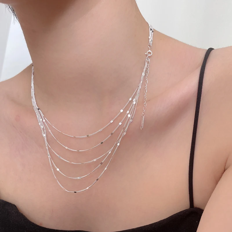Nuovo collare di gioielli da donna in argento sterling S925 europeo semplice argento moda multistrato collana da bar catene clavicola regali