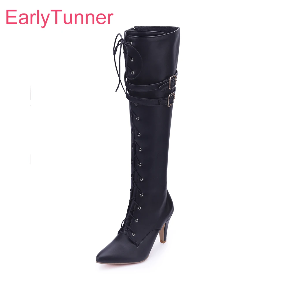 Marke Neue Warme Schwarz Braun Frauen Kniehohe Stiefel Spitz High Heels Dame Motorrad Schuhe Kleine Große Größe 10 32 42 45 47