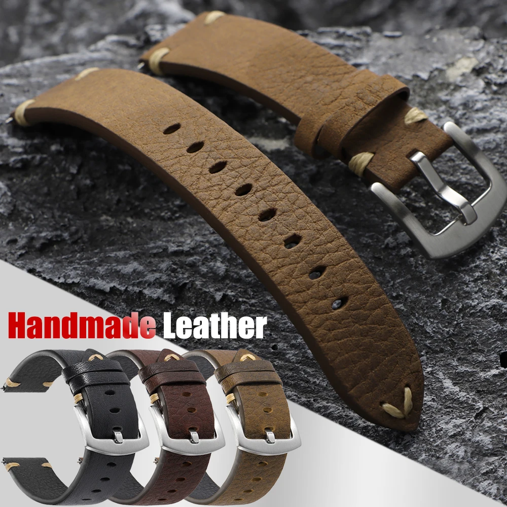Handgefertigtes Distressed-Armband aus echtem Rindsleder, 20 mm, 22 mm, braun, weich, für Herren und Damen, Vintage-Armband, erste Schicht, Lederarmband Image
